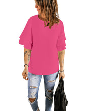 luvamia Women's Casual 3/4 Tiered Bell Sleeve Crewneck Loose Tops Blouses Shirt