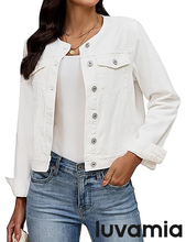 luvamia FleXclusive Women's Button Down Long Sleeves Crew Neck Denim Jacket