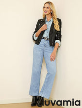 LUVAMIA  Women's High Rise Flare Jeans Washed Denim Trousers Studded Details Retro Style