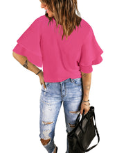 luvamia Women's Casual 3/4 Tiered Bell Sleeve Crewneck Loose Tops Blouses Shirt