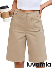 luvamia Bermuda Shorts for Women Knee Length High Waisted Dressy Casual Patch Pocket Chino Elastic Waist Long Shorts