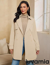 luvamia Trench Coat Women Mid Length Classic Double Breasted Lapel Business Casual Fall Jacket Coats Outerwear with Belt
