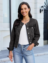 luvamia FleXclusive Women's Button Down Long Sleeves Crew Neck Denim Jacket