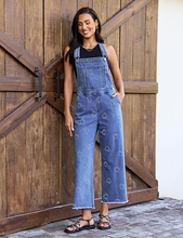 luvamia FleXclusive Denim Overalls for Women Wide Leg Capri Jean Jumpsuit Loose Fit Summer Stretchy Bib Overall Embroidered Raw Hem