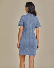 LUVAMIA Women's Short Sleeve Slim Tight Shirt-Neck Symmetrical Simple Versatile Denim Dress