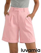 luvamia High Waisted Shorts for Women Dressy Casual Pleated Wide Leg Midi Baggy Work Shorts Rolled Hem with Pockets