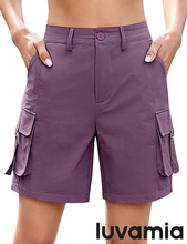 luvamia Cargo Shorts Women High Waisted Casual Elastic Waist 7" Inseam Mid Thigh Hiking Golf Shorts with Utility Pockets
