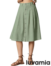 luvamia Linen Skirts for Women Midi Pleated Elastic High Waisted Casual Button Down A Line Flowy Summer Skirt with Pockets