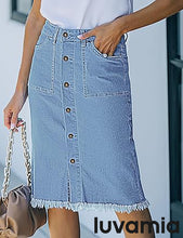 luvamia Women's Casual Mid Rise Button Down Frayed Raw Hem Fit Denim Jean Skirt