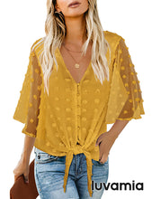 luvamia Women Button Up Down Blouse Tie Knot Front Tops Long Ruffel Sleeve V Neck Shirt Going Out Dressy Casual Work