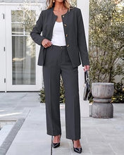 luvamia Pants Suits for Women Dressy 2 Piece Sets Business Casual Outfits Long Sleeve Collarless Blazers, Elastic Waist Wide Leg Pants, Adjustable Back Buckle‌, Professional Work Office Pantsuits