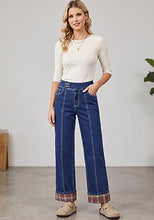 luvamia FleXclusive Wide Leg Jeans for Women Plaid Cuffed Hem Denim Pants High Waisted Button Zipper Closure, Relax Daily Fit, Contrast Hem Panel, Western Outfit, Vertical Seam Stitch, Full Length, Stretchy Denim