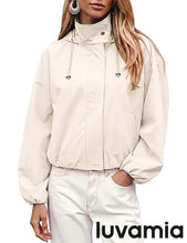 luvamia Women's Funnel Neck Jacket Casual Crop Zip Up Hooded Bomber Jackets Trendy, Oversized, Long Sleeve, Stand Collar, Elastic Cuff and Hem, Cropped, Funnel Neck Jacket Coats for Women, Fall Outfits