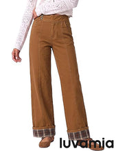 luvamia FleXclusive Wide Leg Jeans for Women Plaid Cuffed Hem Denim Pants High Waisted Button Zipper Closure, Relax Daily Fit, Contrast Hem Panel, Western Outfit, Vertical Seam Stitch, Full Length, Stretchy Denim