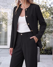 luvamia Pants Suits for Women Dressy 2 Piece Sets Business Casual Outfits Long Sleeve Collarless Blazers, Elastic Waist Wide Leg Pants, Adjustable Back Buckle‌, Professional Work Office Pantsuits