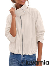 luvamia Faux Suede Jackets Women Oversized Cropped Funnel Neck Zip Up Coats Soft Faux Suede, Stand Collar, Loose Fit, Front Zipper, Modern Bomber Silhouette & Adjustable Hem, Fall Essential Outerwear