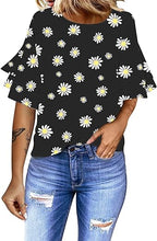 luvamia Women's Casual 3/4 Tiered Bell Sleeve Crewneck Loose Tops Blouses Shirt