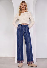 luvamia FleXclusive Wide Leg Jeans for Women Plaid Cuffed Hem Denim Pants High Waisted Button Zipper Closure, Relax Daily Fit, Contrast Hem Panel, Western Outfit, Vertical Seam Stitch, Full Length, Stretchy Denim