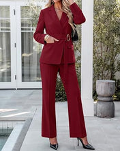 luvamia 2 Piece Sets for Women Blazer Pants Suits Business Casual Outfits Long Sleeve Belted Double Breasted Blazer, Elastic High Waisted Flared Pants, Dressy Pantsuits, Work Outfits for Women Office