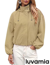 luvamia Women's Funnel Neck Jacket Casual Crop Zip Up Hooded Bomber Jackets Trendy, Oversized, Long Sleeve, Stand Collar, Elastic Cuff and Hem, Cropped, Funnel Neck Jacket Coats for Women, Fall Outfits