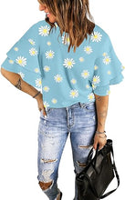 luvamia Women's Casual 3/4 Tiered Bell Sleeve Crewneck Loose Tops Blouses Shirt