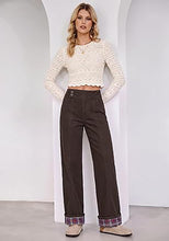luvamia FleXclusive Wide Leg Jeans for Women Plaid Cuffed Hem Denim Pants High Waisted Button Zipper Closure, Relax Daily Fit, Contrast Hem Panel, Western Outfit, Vertical Seam Stitch, Full Length, Stretchy Denim