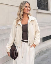 luvamia Women's Funnel Neck Jacket Casual Crop Zip Up Hooded Bomber Jackets Trendy, Oversized, Long Sleeve, Stand Collar, Elastic Cuff and Hem, Cropped, Funnel Neck Jacket Coats for Women, Fall Outfits