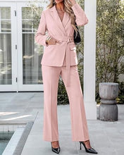 luvamia 2 Piece Sets for Women Blazer Pants Suits Business Casual Outfits Long Sleeve Belted Double Breasted Blazer, Elastic High Waisted Flared Pants, Dressy Pantsuits, Work Outfits for Women Office
