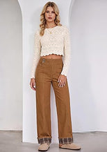 luvamia FleXclusive Wide Leg Jeans for Women Plaid Cuffed Hem Denim Pants High Waisted Button Zipper Closure, Relax Daily Fit, Contrast Hem Panel, Western Outfit, Vertical Seam Stitch, Full Length, Stretchy Denim