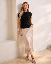 luvamia Satin Maxi Skirt Elastic Waist Lace Trim Long Slip Skirts for Women Long Satin Skirt, Silky Fabric, Bias Cut, Easy Pull On Elastic Waistband, Straight Silhouette, Lace Hem Slip Skirt