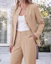 luvamia Pants Suits for Women Dressy 2 Piece Sets Business Casual Outfits Long Sleeve Collarless Blazers, Elastic Waist Wide Leg Pants, Adjustable Back Buckle‌, Professional Work Office Pantsuits