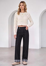 luvamia FleXclusive Wide Leg Jeans for Women Plaid Cuffed Hem Denim Pants High Waisted Button Zipper Closure, Relax Daily Fit, Contrast Hem Panel, Western Outfit, Vertical Seam Stitch, Full Length, Stretchy Denim