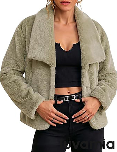 luvamia Faux Fur Jackets for Women Fall Coats Oversized Winter Outerwears Short Pile Surface, Side Pockets, Wide Lapel Collar, Dropped Shoulder, Fall Winter Layering, Snap Button Closure, Open Front