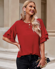 luvamia Women's Casual 3/4 Tiered Bell Sleeve Crewneck Loose Tops Blouses Shirt