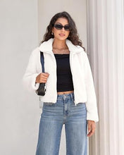 luvamia Faux Fur Jackets for Women Fall Cropped Coat Fuzzy Winter Outerwear Zip Up Front, Modern Retro Style, Lapel Collar, Drop Shoulder, Long Sleeve, Autumn Layering, City Chic Outerwear, Wide Collar