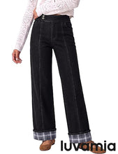 luvamia FleXclusive Wide Leg Jeans for Women Plaid Cuffed Hem Denim Pants High Waisted Button Zipper Closure, Relax Daily Fit, Contrast Hem Panel, Western Outfit, Vertical Seam Stitch, Full Length, Stretchy Denim