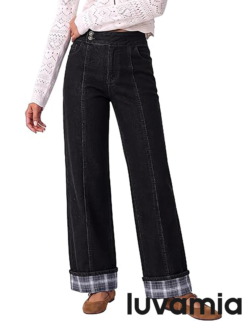 luvamia FleXclusive Wide Leg Jeans for Women Plaid Cuffed Hem Denim Pants High Waisted Button Zipper Closure, Relax Daily Fit, Contrast Hem Panel, Western Outfit, Vertical Seam Stitch, Full Length, Stretchy Denim