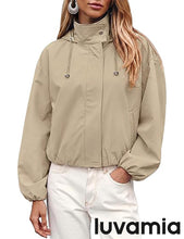 luvamia Women's Funnel Neck Jacket Casual Crop Zip Up Hooded Bomber Jackets Trendy, Oversized, Long Sleeve, Stand Collar, Elastic Cuff and Hem, Cropped, Funnel Neck Jacket Coats for Women, Fall Outfits