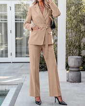 luvamia 2 Piece Sets for Women Blazer Pants Suits Business Casual Outfits Long Sleeve Belted Double Breasted Blazer, Elastic High Waisted Flared Pants, Dressy Pantsuits, Work Outfits for Women Office