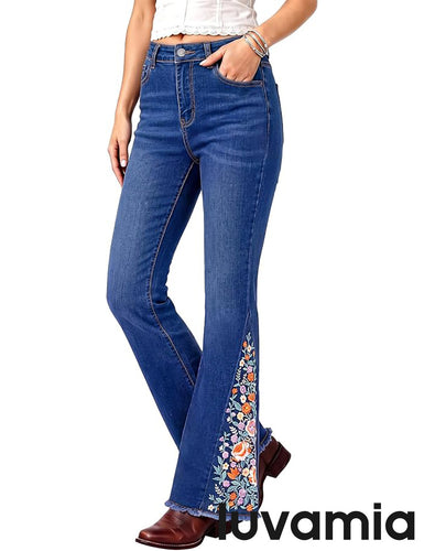 luvamia FleXclusive Floral Embroidery Flare Jeans for Women Bootcut Denim Pants Raw Hem High Waisted Jeans, Stretchy Denim, Retro Distressed Wash, Vintage Look, Frayed Hem, Five Pockets, Western Outfit for Women