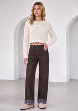 luvamia FleXclusive Wide Leg Jeans for Women Plaid Cuffed Hem Denim Pants High Waisted Button Zipper Closure, Relax Daily Fit, Contrast Hem Panel, Western Outfit, Vertical Seam Stitch, Full Length, Stretchy Denim