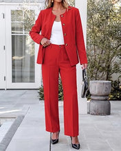 luvamia Pants Suits for Women Dressy 2 Piece Sets Business Casual Outfits Long Sleeve Collarless Blazers, Elastic Waist Wide Leg Pants, Adjustable Back Buckle‌, Professional Work Office Pantsuits