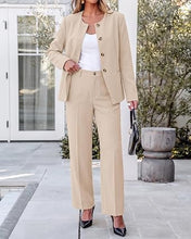 luvamia Pants Suits for Women Dressy 2 Piece Sets Business Casual Outfits Long Sleeve Collarless Blazers, Elastic Waist Wide Leg Pants, Adjustable Back Buckle‌, Professional Work Office Pantsuits