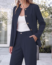luvamia Pants Suits for Women Dressy 2 Piece Sets Business Casual Outfits Long Sleeve Collarless Blazers, Elastic Waist Wide Leg Pants, Adjustable Back Buckle‌, Professional Work Office Pantsuits