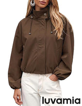 luvamia Women's Funnel Neck Jacket Casual Crop Zip Up Hooded Bomber Jackets Trendy, Oversized, Long Sleeve, Stand Collar, Elastic Cuff and Hem, Cropped, Funnel Neck Jacket Coats for Women, Fall Outfits