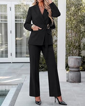 luvamia 2 Piece Sets for Women Blazer Pants Suits Business Casual Outfits Long Sleeve Belted Double Breasted Blazer, Elastic High Waisted Flared Pants, Dressy Pantsuits, Work Outfits for Women Office