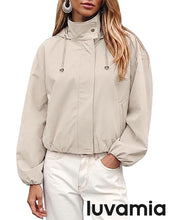 luvamia Women's Funnel Neck Jacket Casual Crop Zip Up Hooded Bomber Jackets Trendy, Oversized, Long Sleeve, Stand Collar, Elastic Cuff and Hem, Cropped, Funnel Neck Jacket Coats for Women, Fall Outfits