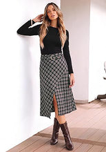 luvamia Plaid Midi Skirts for Women High Waist A-Line Fall Skirt with Belt Front Slit Opening, Asymmetrical Front Hem, Overlapping Front Panel, Diagonal Plaid Pattern, Back Elastic Waist, Fall Outfits