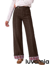 luvamia FleXclusive Wide Leg Jeans for Women Plaid Cuffed Hem Denim Pants High Waisted Button Zipper Closure, Relax Daily Fit, Contrast Hem Panel, Western Outfit, Vertical Seam Stitch, Full Length, Stretchy Denim