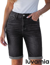 luvamia FleXclusive Bermuda Jean Shorts for Women Knee Length High Waisted Trendy Cuffed Hem Long Stretchy Denim Shorts Summer Jorts